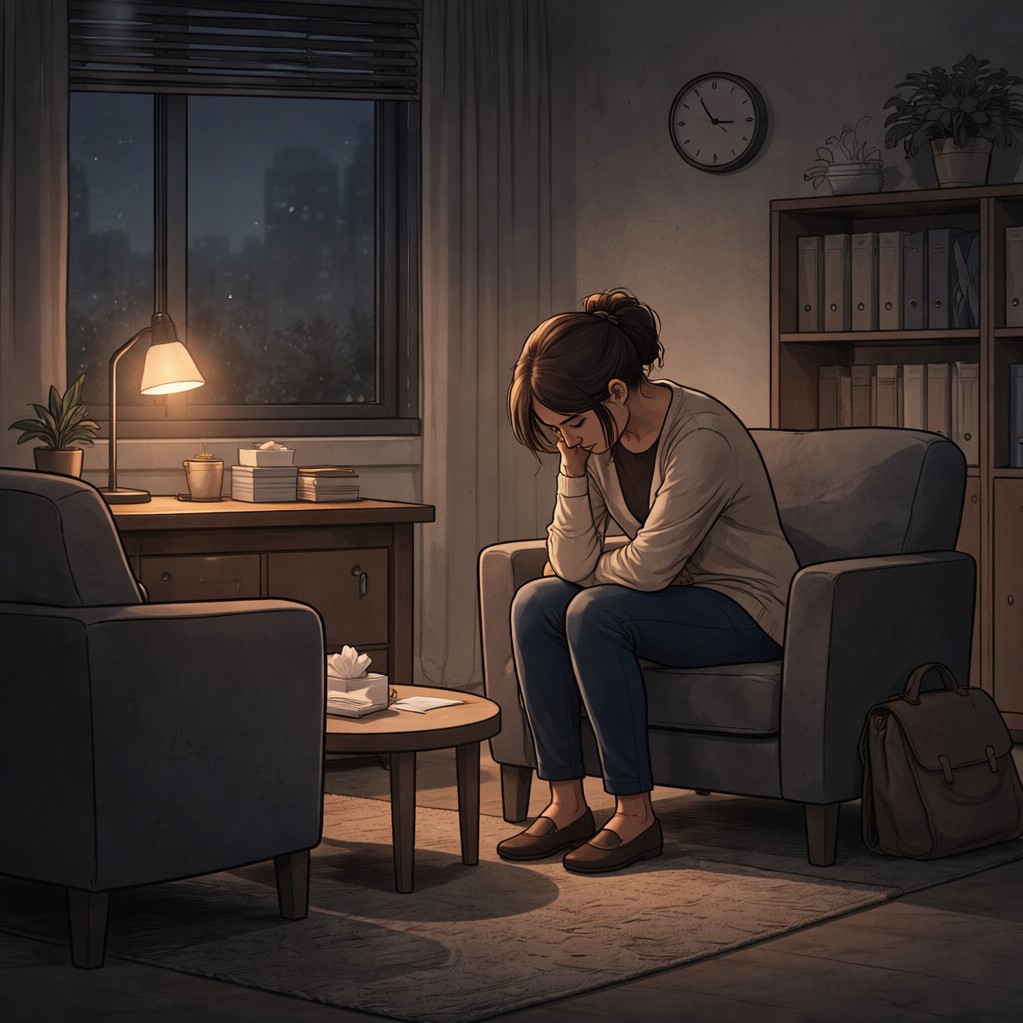 igura seduta da sola in uno studio vuoto a fine giornata, simbolo di esaurimento emotivo e burnout lavorativo